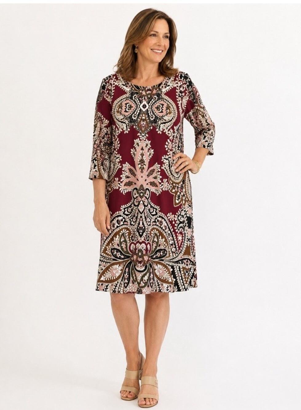 NWT Chicos A Line Shift Dress Paisley 12/14 Coastal Classic 3/4 Sleeve MSRP $99